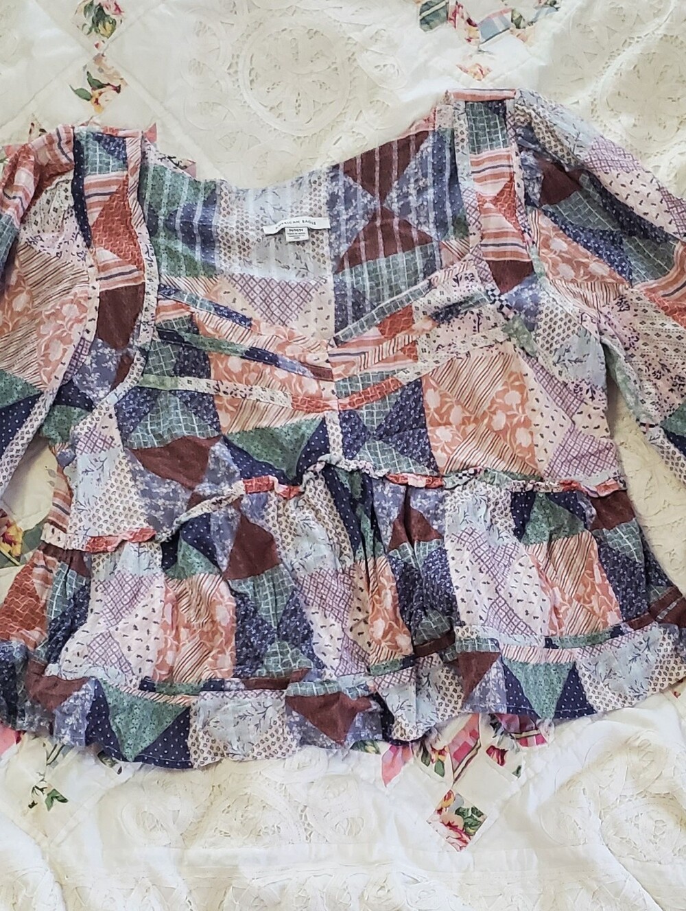 American Eagle Outfitters Patchwork Ruffle Cropped Peplum Top